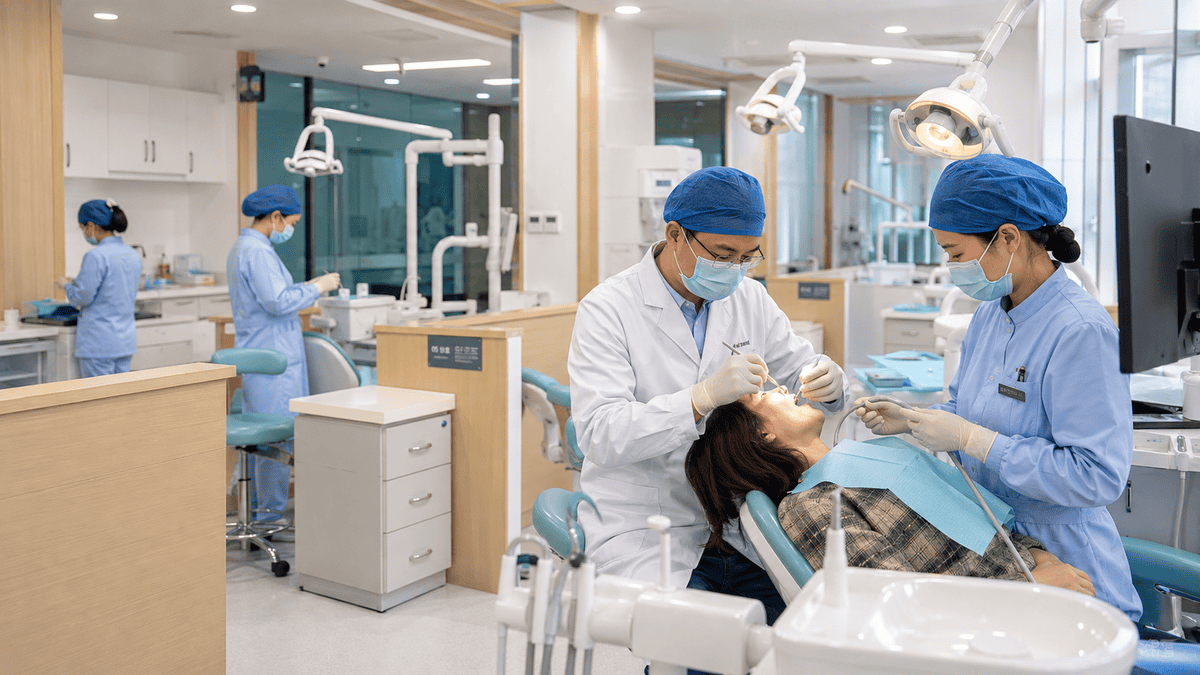 A dentist and dental nurse working together during chairside care in a multi-chair clinical environment