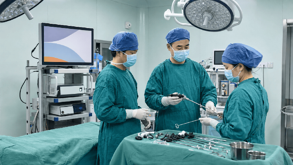 Minimally invasive surgery team preparing laparoscopic instruments in an operating room