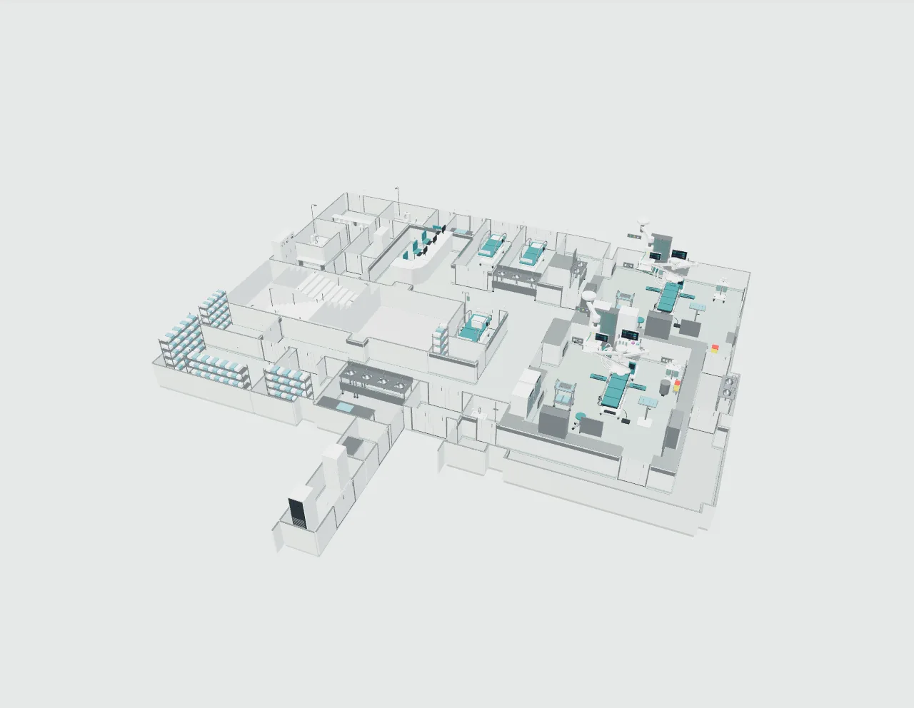 Spatial design study of a complete two-theatre operating department and its supporting rooms